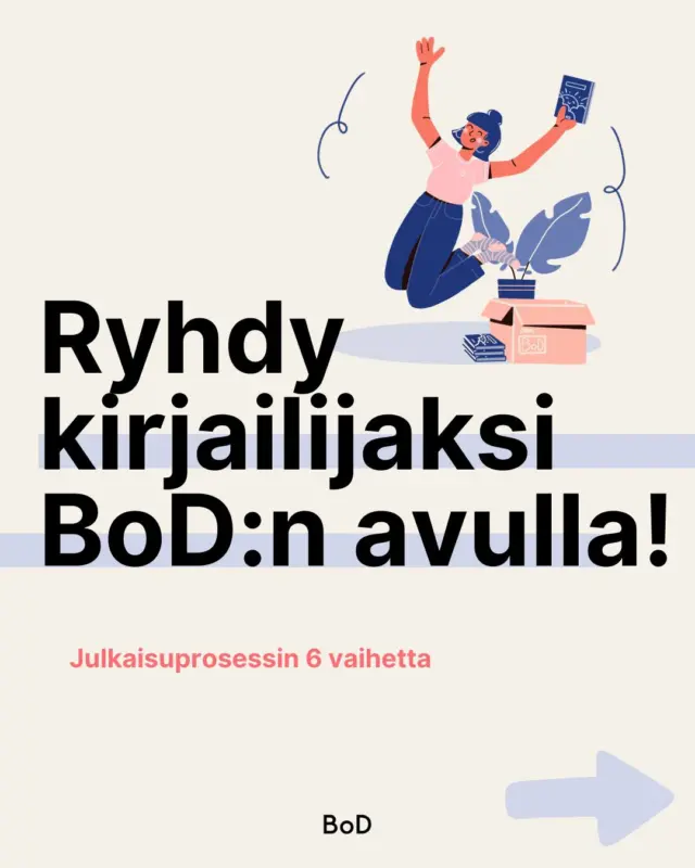 Oletko jo julkaissut kirjasi?😍
Olemme koonneet kaikille uusille (ja vanhoille) seuraajille Instagramissa katsauksen BoD:n julkaisuprosessiin – vinkkeineen ja lisätietoihin ohjaavine linkkeineen!💡
Tietenkin jokaisen kirjailijan polku näyttää hieman erilaiselta. Paljon riippuu siitä, mitä haluat tehdä itse, mitä osaat ja haluatko ammattilaisen apua suunnittelussa ja julkaisemisessa🤗
Mutta pääpiirteissään BoD:n julkaisuprosessin voi jakaa kuuteen vaiheeseen:
📌 1. Rekisteröidy myBoD-käyttäjätilille
📌 2. Valitse kirjan ulkoasu
📌 3. Valmistele painotiedostot – avun kanssa tai ilman
📌 4. Anna tuotetiedot kirjakauppaa varten
📌 5. Julkaise kirja! (BoD hoitaa jakelun)
📌 6. Suunnittele kirjan markkinointi 

Omakustanteen julkaiseminen antaa jokaiselle kirjailijalle mahdollisuuden julkaista kirjansa ammattimaisesti kirjakaupoissa ja verkkokaupoissa – sekä painettuna että e-kirjana. BoD huolehtii jakelusta aina, kun lukija ostaa kirjasi, ja saat jokaisesta myydystä kappaleesta kirjailijapalkkion. 

Painamme kirjat print-on-demand -menetelmällä. Se tarkoittaa, että kirjasi painetaan vasta, kun se tilataan – joko sinun tai lukijan toimesta – ja vaikka vain yksi kappale kerrallaan. Näin sinun ei tarvitse maksaa suurista painoksista tai varastoinnista📚
Jos sinulla on kysyttävää tai tarvitset apua, ota meihin rohkeasti yhteyttä numeroon +358 (0) 9 2516 6349 tai sähköpostitse info@bod.fi 😊 

Tarkista myös lisälinkit biosta, esimerkiksi lisätiedot hinnoista ja tuotteista.
Me kannustamme sinua ja olemme täällä tekemässä kirjahaaveestasi totta!🥳