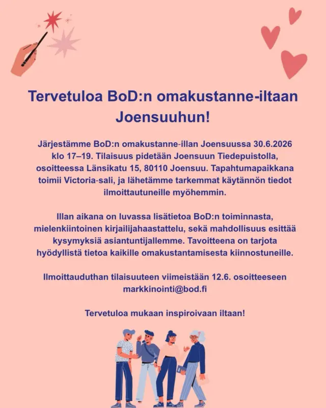 Tule mukaan mukavaan verkostoitumisiltaan 30.6 klo: 17-19 Joensuun Tiedepuistoon. 
Ilmoittaudu täältä: markkinointi@bod.fi 

Tilaisuus on maksuton! 

Nähdään Joensuussa 🤩📚