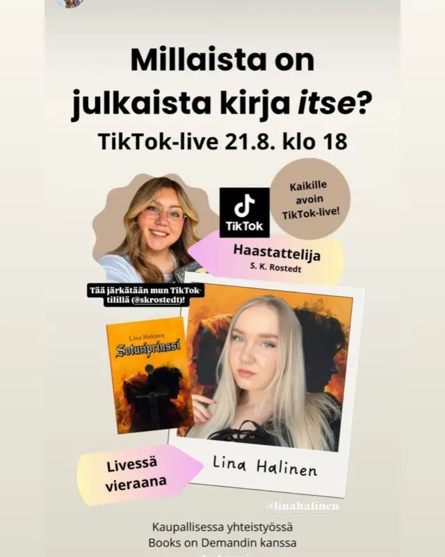🔥🔥 nyt on mielenkiintoinen TikTok-live tulossa 21.8 klo 18.00 kaikille kirjoittamisesta, romantasiasta ja BoD:sta kiinnostuneille. 🔥🔥