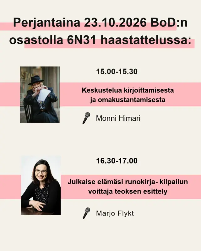 Mitä tapahtuu BoD:n osastolla 6N31 Helsingin Kirjamessuilla 
perjantaina 23.10.2026 ? 👀 #bodsuomi #helsinginkirjamessut
