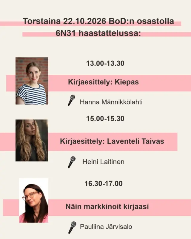 ✨ BoD mukana Helsingin Kirjamessuilla 22.–25.10.2026! ✨

Ohjelmassa paneelikeskustelu Arabia-lavalla sekä kirjailijahaastatteluja BoD:n osastolla 6N31. Tule hakemaan inspiraatiota, vinkkejä julkaisemiseen ja tapaamaan kirjailijoita. 📚 #bodsuomi #helsinginkirjamessut